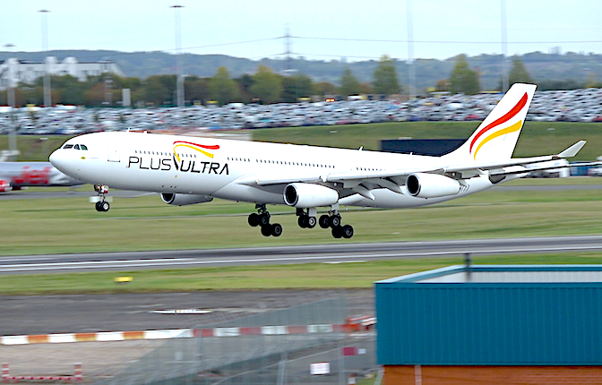 Edited from: Plus Ultra Líneas Aéreas A340 (EC-MFB) at Birmingham Airport 2017 by Ryan kirk, 2017, Wikimedia Commons, licensed under CC BY-SA 4.0.